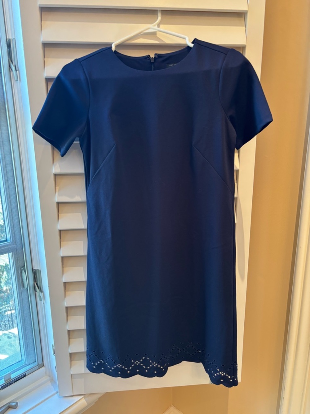 Ann Taylor Navy Short-Sleeve Shift Dress with Scalloped Hem